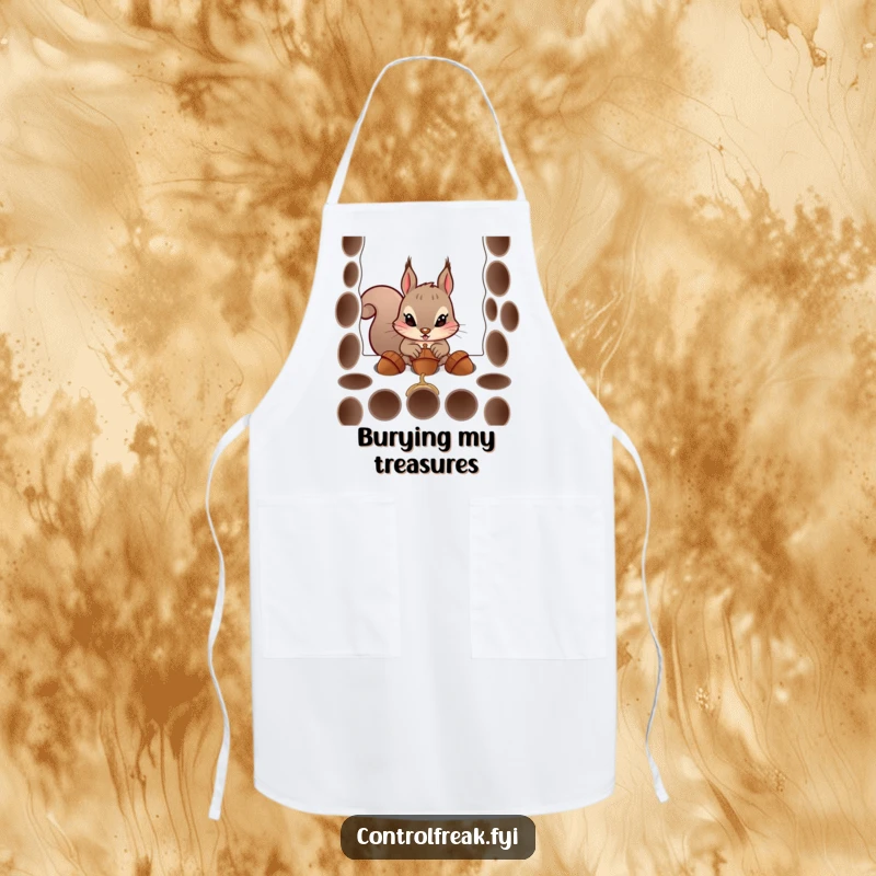 Funny apron featuring a determined squirrel character humorously organizing acorns into precise holes, perfect for kitchen tasks and cooking.