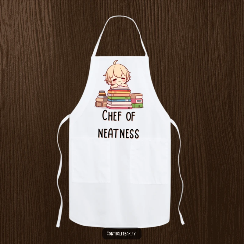 Funny apron featuring a character expertly stacking items, ideal for a kitchen that values both cuisine and order.
