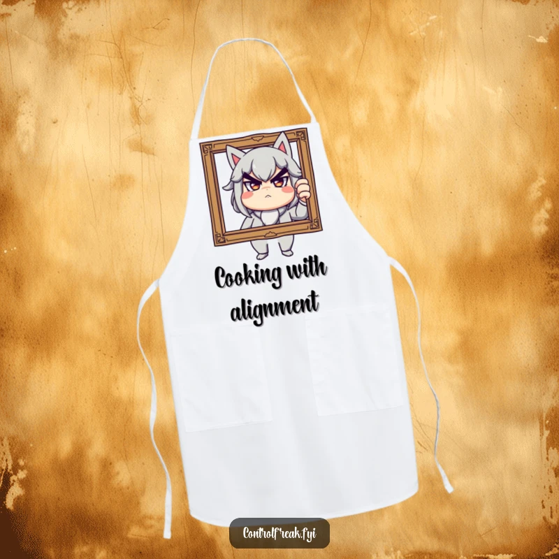 Funny kitchen apron with a stern but playful character adjusting a tilted picture frame, bringing humorous decor to cooking, a unique chef's gift.