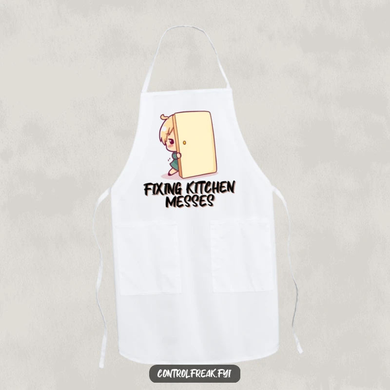 Funny character apron showing playful correction of a misplaced item back into line, ideal for a humorous and organized cook.