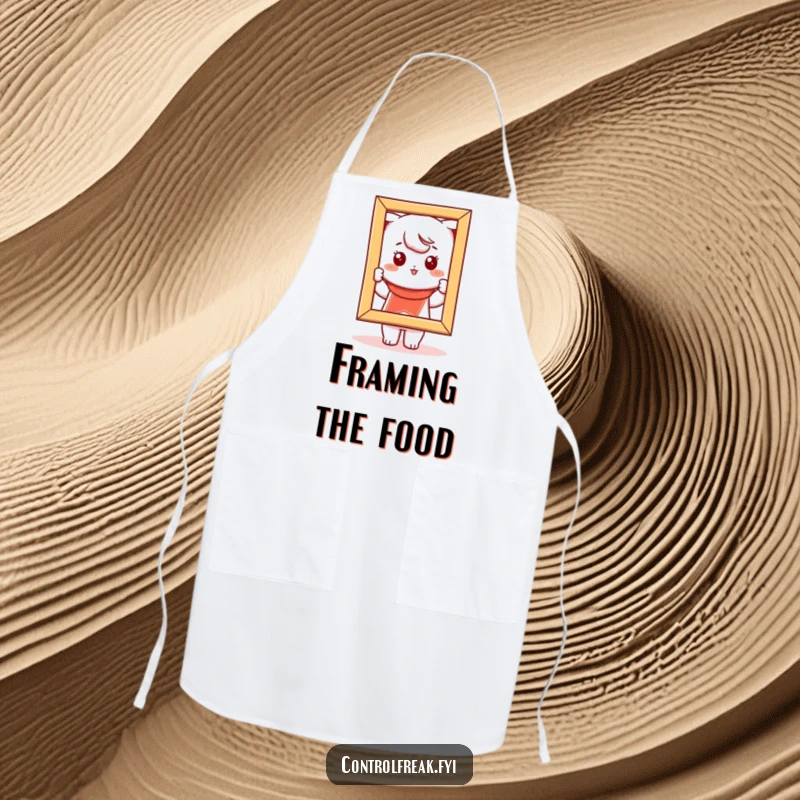 Funny Kawaii character apron, playfully adjusting a picture frame for perfect alignment in the kitchen.