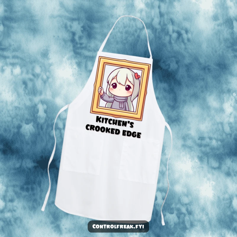 Funny apron featuring a character straightening a picture frame, ideal for a kitchen that values both food and precision.