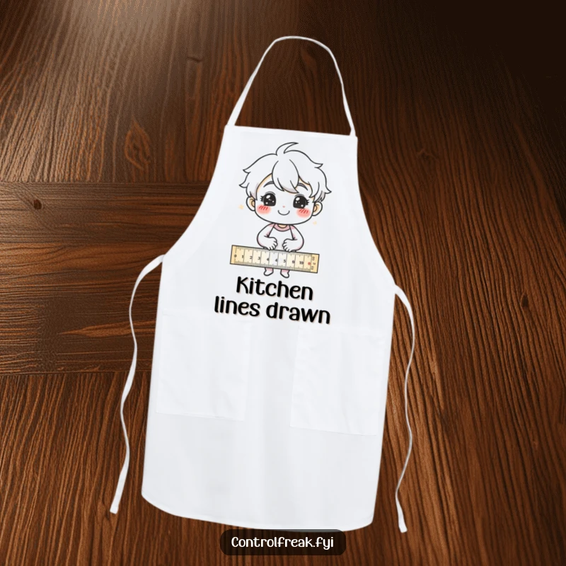 Funny Apron: Character proudly drawing precise lines with a ruler, a humorous accessory for a meticulous cook.