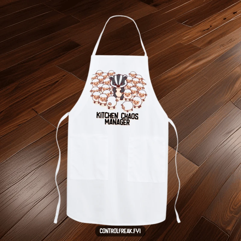 Funny Apron: A grumpy badger is trying to herd a flock of very disorganized, scattered sheep in the kitchen.