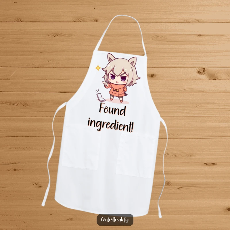 Funny apron with a character dramatically pointing with importance at a misplaced item, adding a humorous element to kitchen tasks.