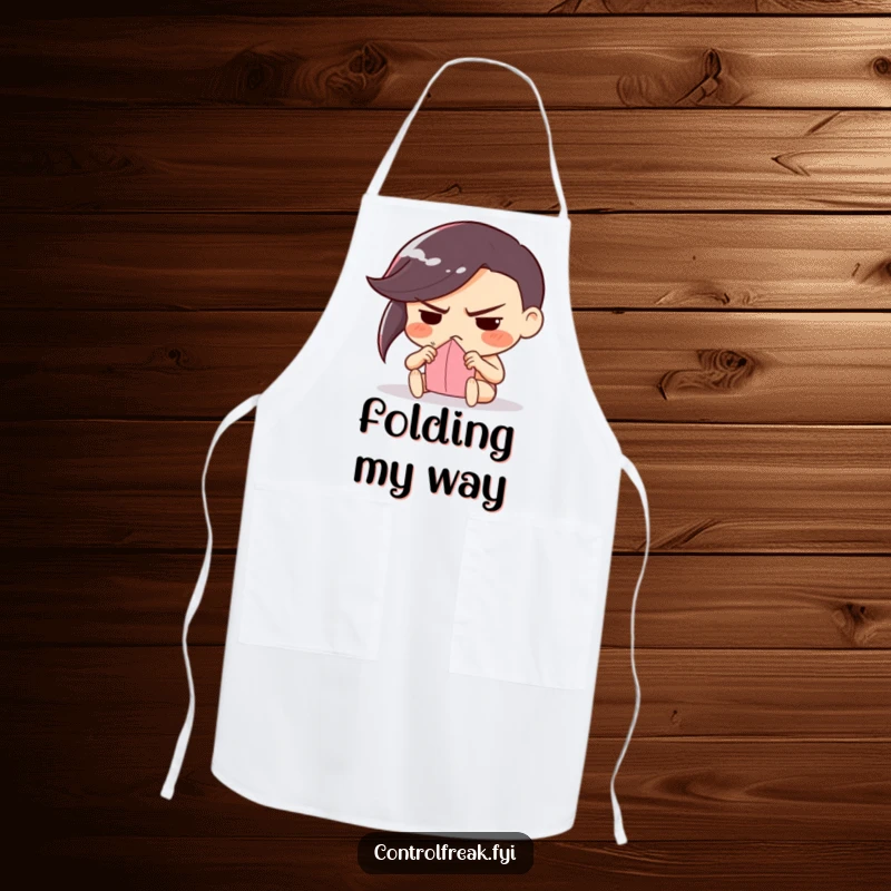 Funny apron with a determinedly frowning character meticulously folding paper, ideal for crafters who value precision.