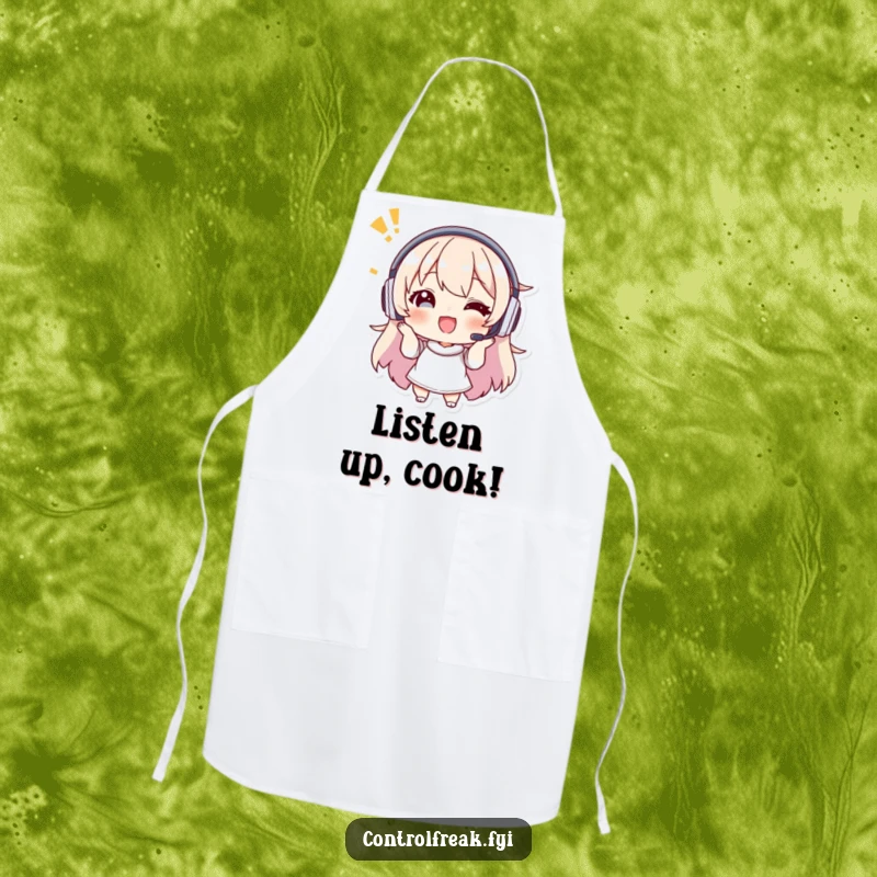 Funny apron featuring a character with a headset giving enthusiastic, precise instructions, ideal for kitchen guidance.