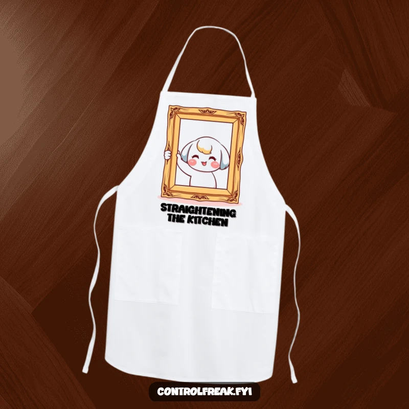 Funny apron featuring a kawaii character smiling while meticulously straightening a crooked picture frame, ideal for precise cooking.