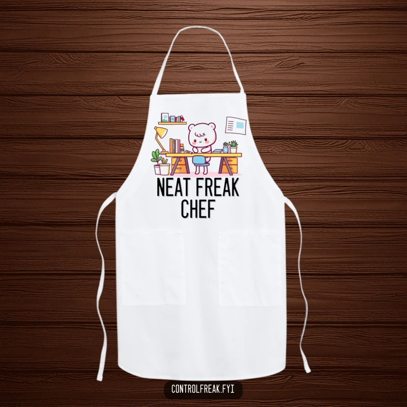 Funny Kawaii character apron, focused on tidying an already clean desk, perfect for kitchen or craft humor.