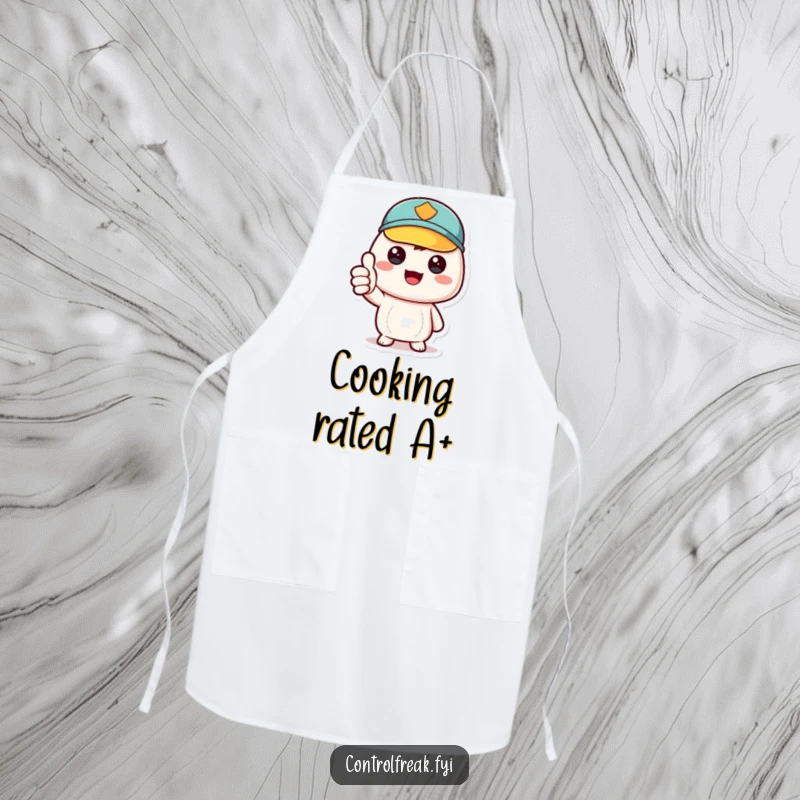 Funny kawaii character giving a thumbs-up for perfect order in the kitchen, cute apron for chefs, functional and funny gift.