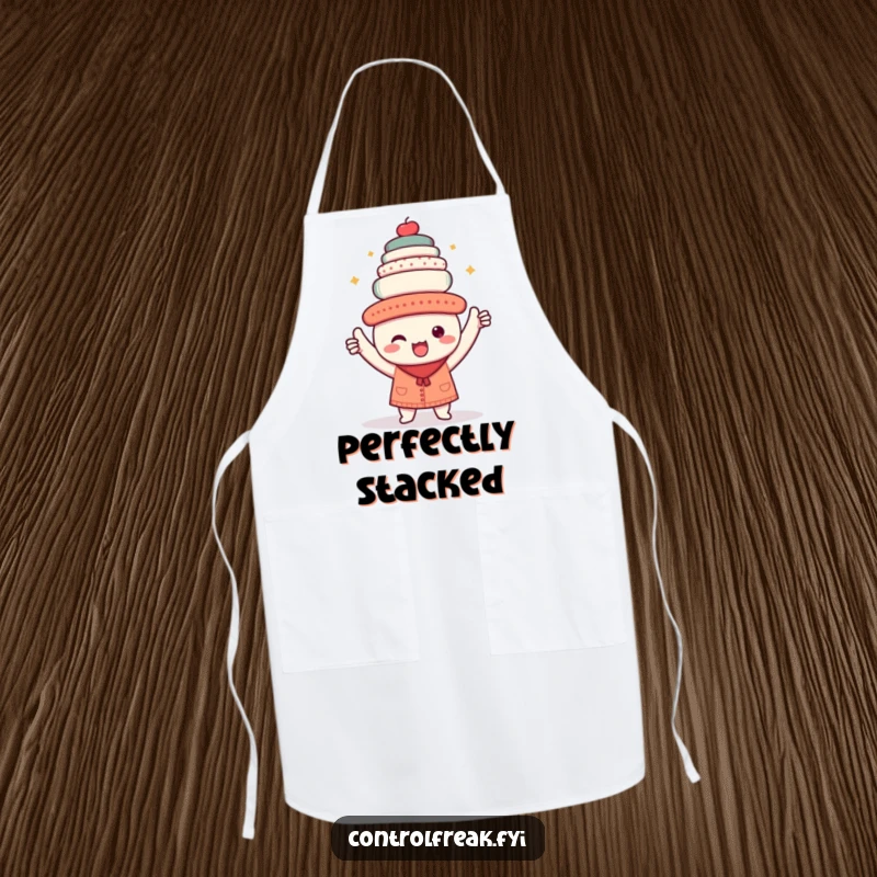 Funny apron featuring a kawaii character triumphantly holding a perfectly aligned stack of objects, ideal for a neat cooking experience.