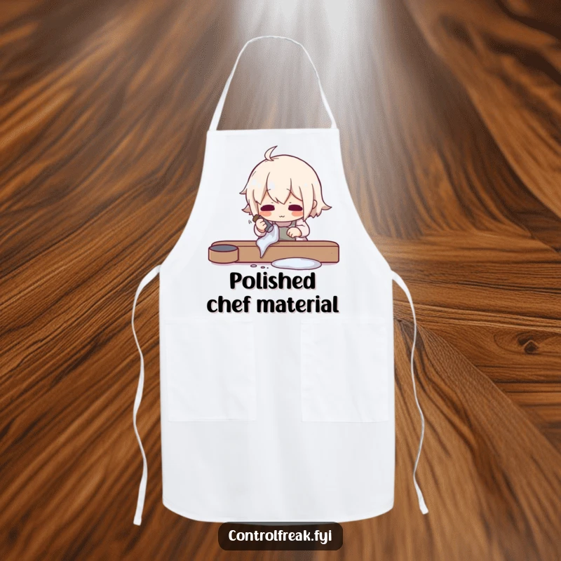Funny kitchen apron with a character meticulously polishing an object to an impossible shine, celebrating culinary perfection, a humorous chef's gift.