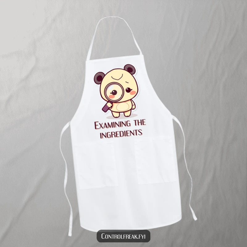 Funny Apron depicting a tiny character with a magnifying glass, meticulously examining a dot, ideal for kitchen precision and humor.
