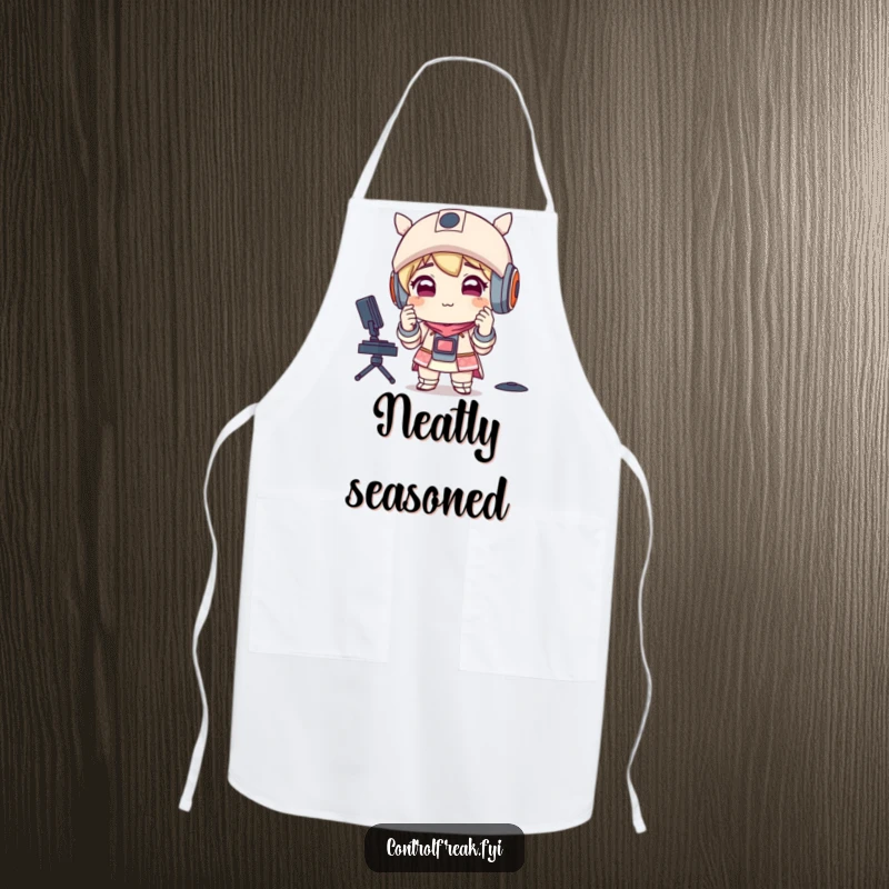Funny apron featuring a character with a satisfied smirk, adjusting perfectly aligned items, adding humor to culinary tasks.
