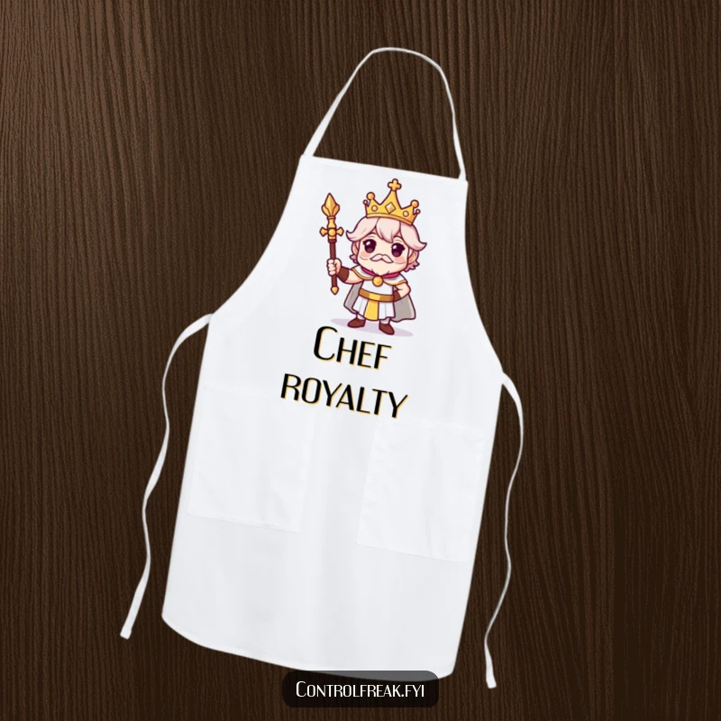 Funny apron featuring a character with a tiny crown and scepter striking a proud, regal pose, adding humor to kitchen tasks.