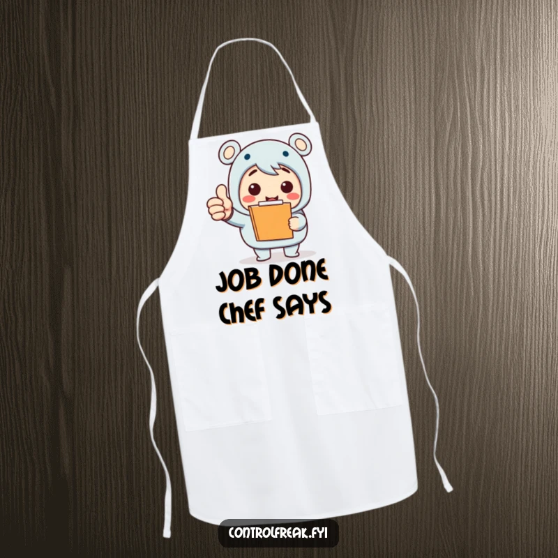 Funny Apron: Character with clipboard gives a huge thumbs-up while cooking, adding humorous encouragement to meal prep. Great funny gift.