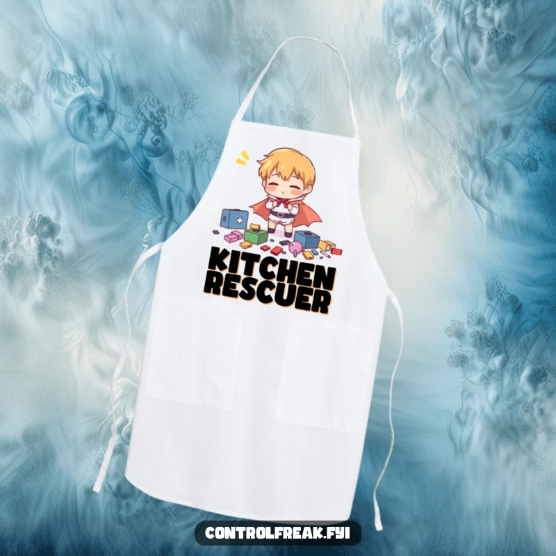 Funny character heroically and comically organizing scattered items with exaggerated effort, on a practical and humorous kitchen apron.