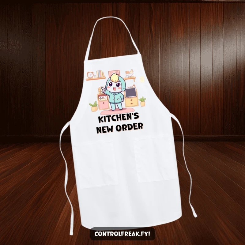 Funny apron featuring a character pointing excitedly at an organized kitchen space, ideal for a chef who loves neatness.