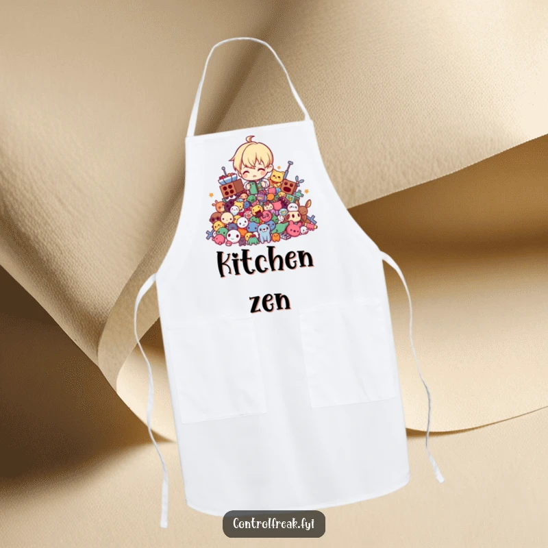 Funny apron with a character tidying a chaotic pile of toys into perfect order, ideal for organized and humorous cooking.