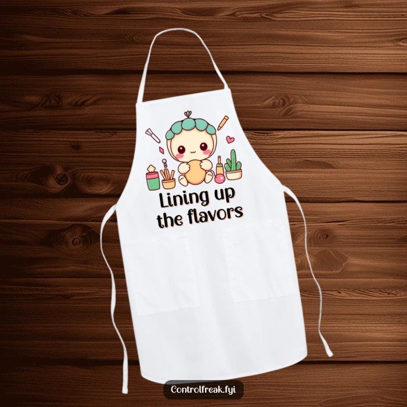 Funny kawaii apron showing a character focused on arranging kitchen items into perfectly straight lines for ultimate neatness.