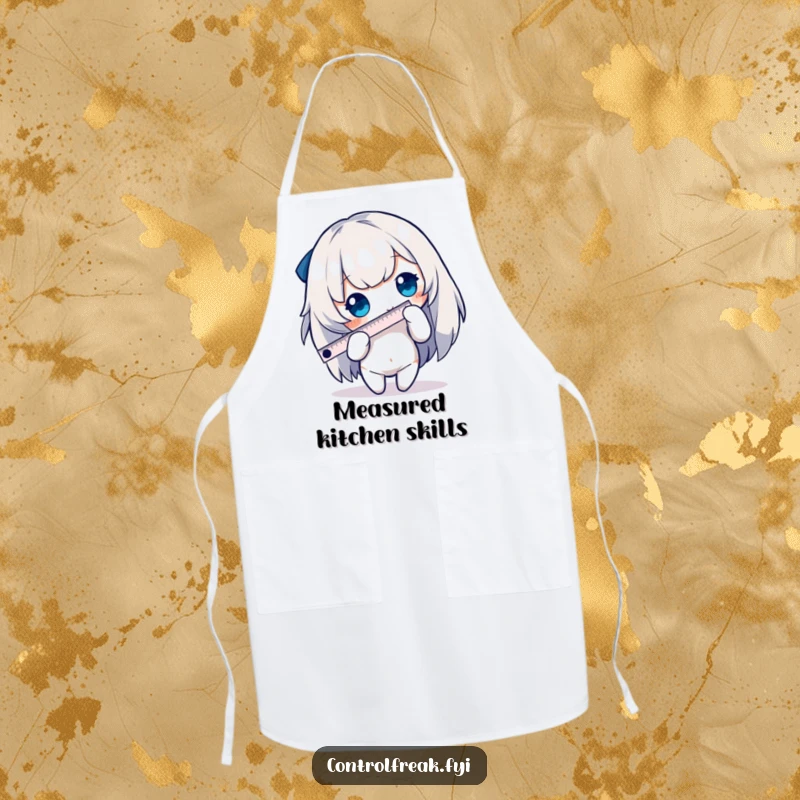 Funny character apron showing precise measurement with a tiny ruler, ideal for a humorous and detail-oriented cook.