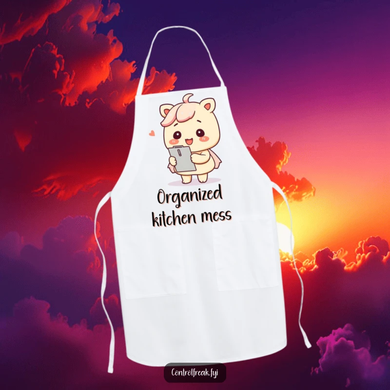 Funny Kawaii organizer apron protecting your clothes with a smile and a clipboard, ready for any task.