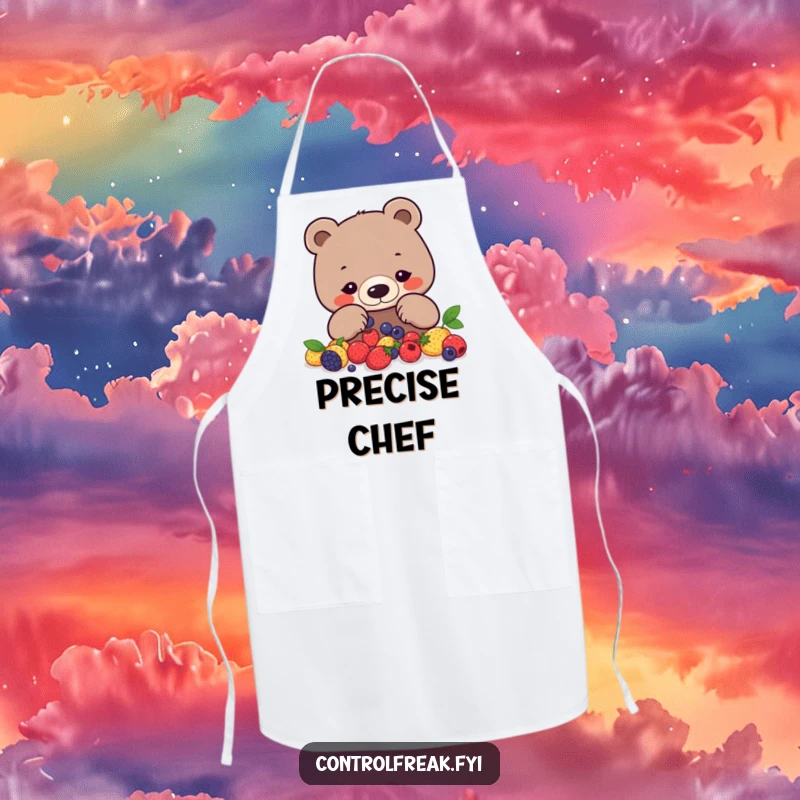Funny bear apron with a focused bear arranging berries into a precise geometric pattern, perfect for humorous cooking.