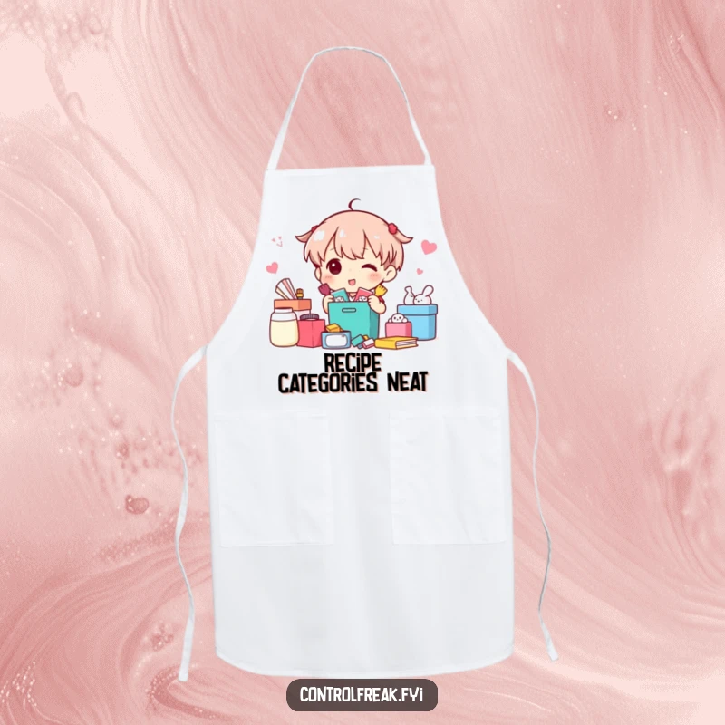 Funny Apron: Character happily sorting kitchen items into neat categories, a humorous accessory for a meticulous cook.