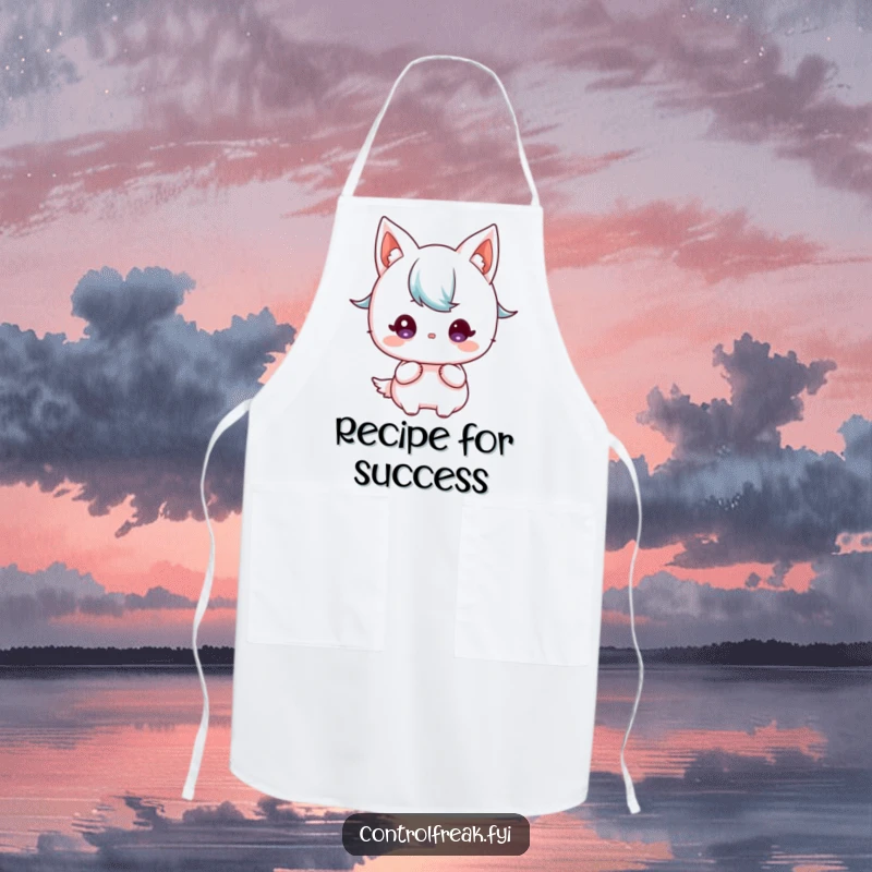 Funny Kawaii character apron, focused gaze on a detailed blueprint, perfect for the strategic cook.