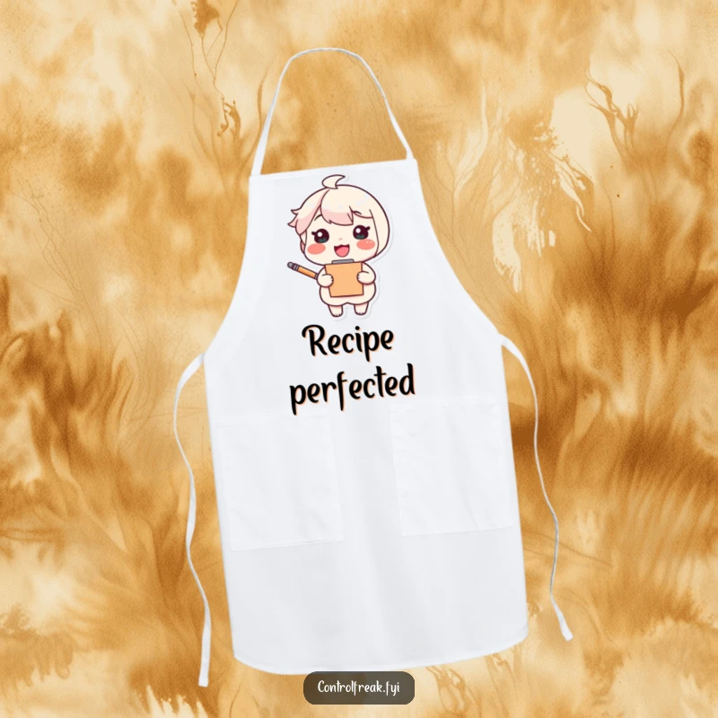 Funny apron featuring a cheerful character with a clipboard and pen, looking very pleased, adding humor to cooking duties.