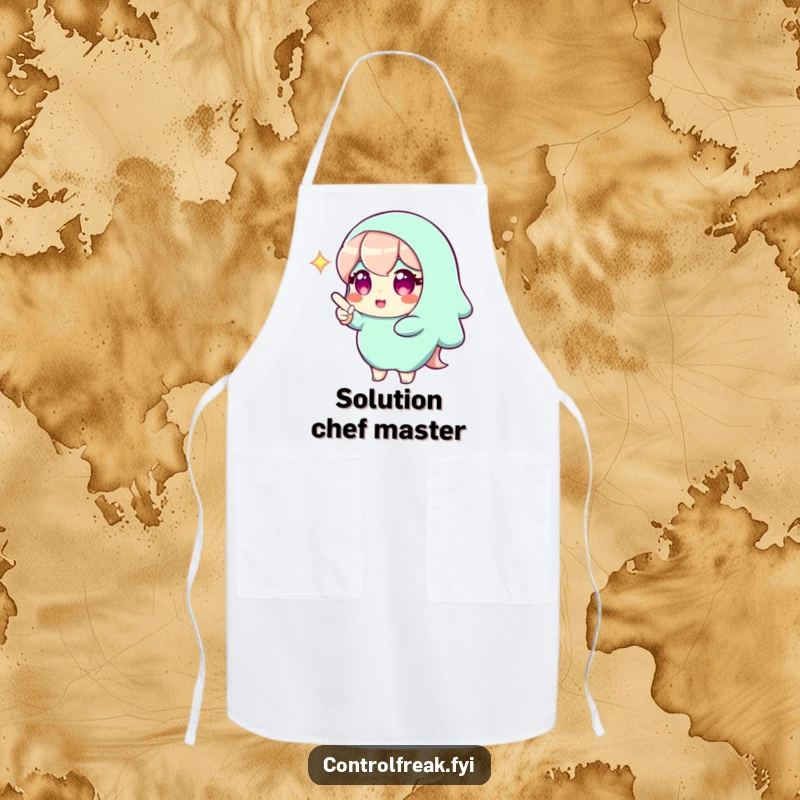 Funny apron featuring a character with a bright gleam, pointing to a perfect solution, perfect for kitchen duties with wit and intelligence. A practical accessory.