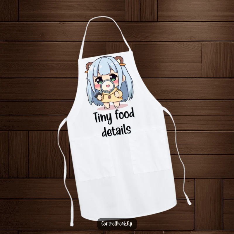 Funny Apron: Character examining a small detail with a magnifying glass, a humorous accessory for a meticulous chef.