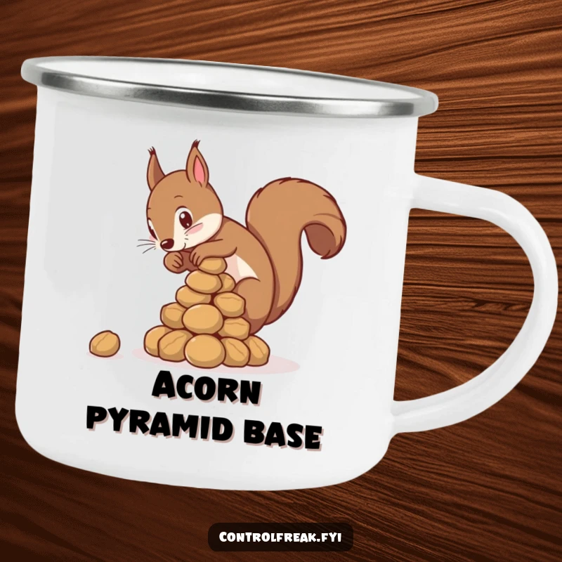 Funny squirrel camping mug featuring a squirrel meticulously building a nut pyramid, perfect for outdoor enthusiasts.