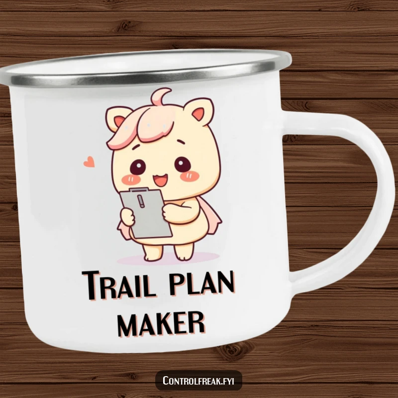 Funny Kawaii organizer camping mug durable and fun, smiling with a clipboard for orderly adventures.