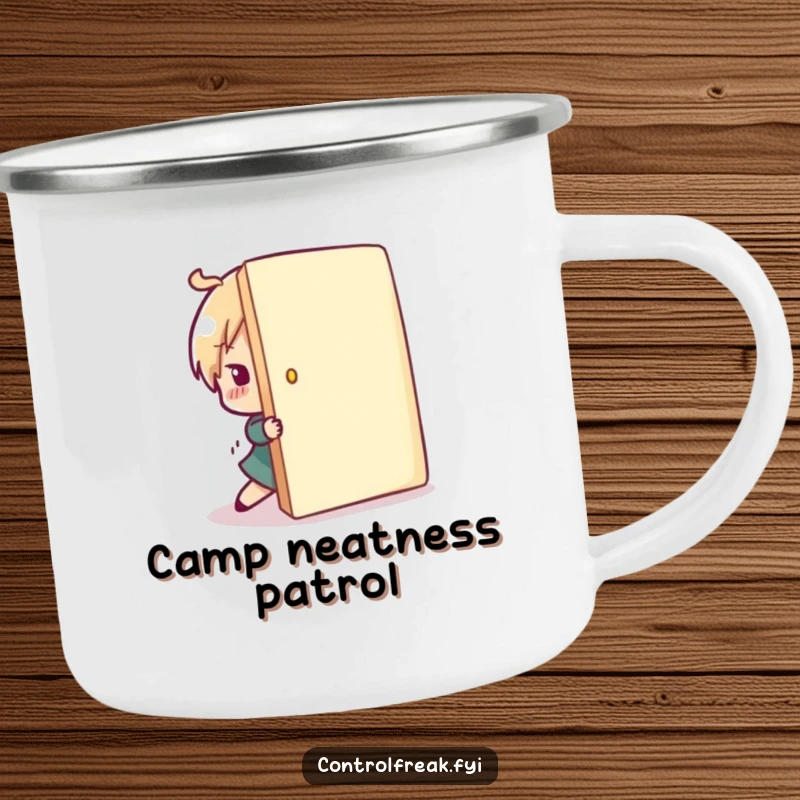 Funny character camping mug showing playful correction of a misplaced item back into line, designed for outdoor adventures and organized humor.