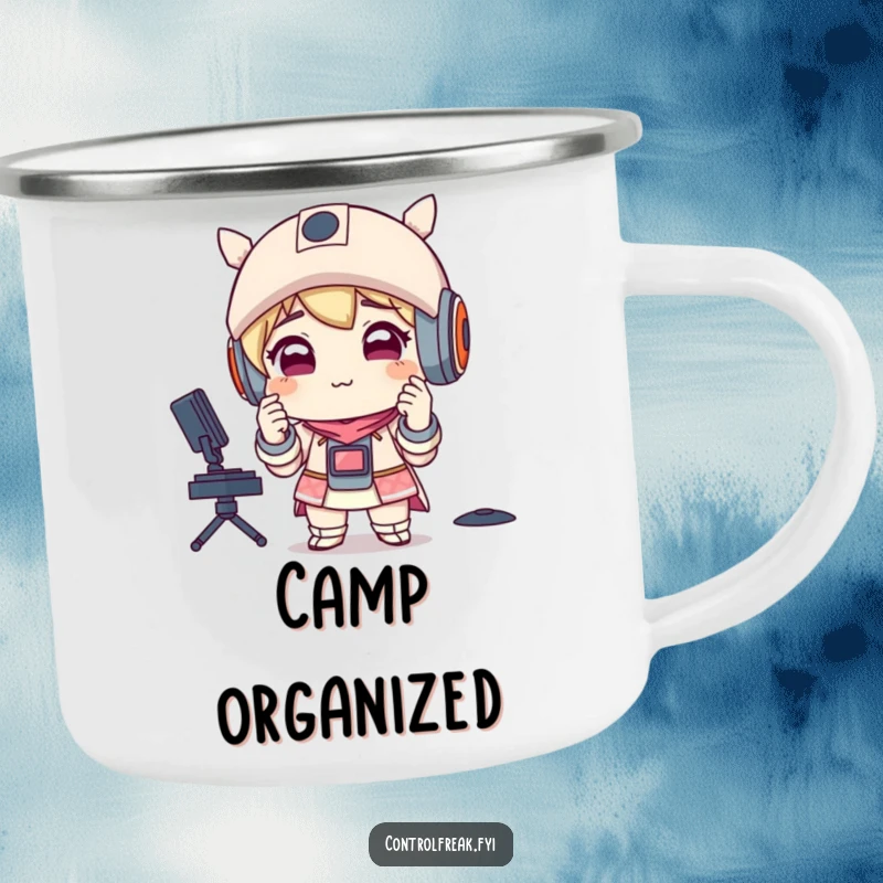Funny camping mug featuring a character with a satisfied smirk, adjusting perfectly aligned items, perfect for humorous outdoor organization.