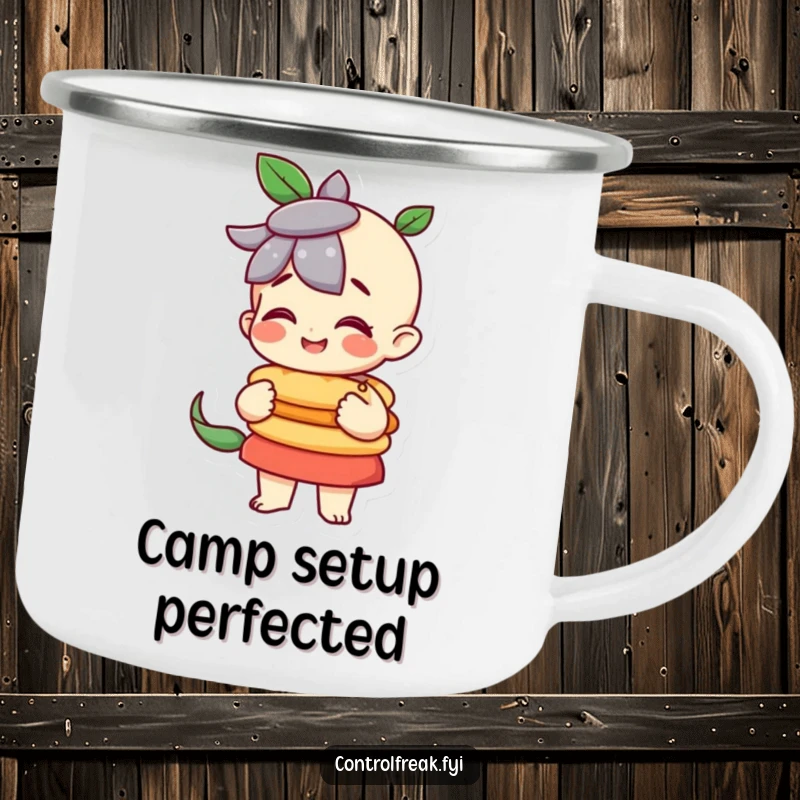 Funny character pleased with a perfectly balanced stack on this camping mug, perfect for orderly outdoor fun.