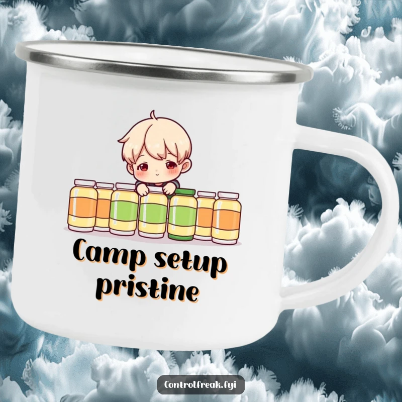 Funny Camping Mug: Character playfully adjusting perfectly aligned camping gear, adding humor to outdoor excursions.