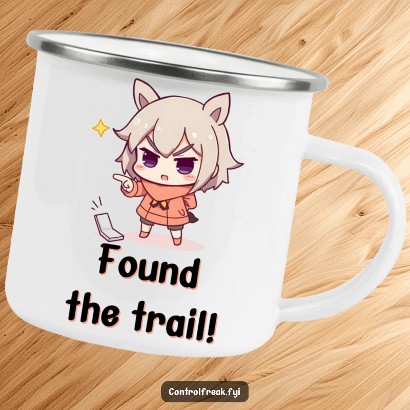 Funny camping mug with a character dramatically pointing with importance at a misplaced item, perfect for enjoying coffee during outdoor trips.