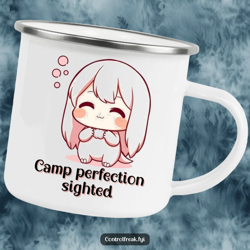 Funny camping mug featuring a character sighing contentedly over an arrangement, perfect for enjoying quiet moments outdoors.