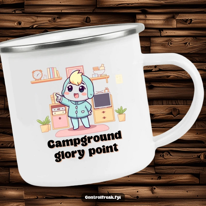Funny camping mug featuring a character pointing excitedly at an organized campsite, perfect for enjoying tidy outdoor moments.