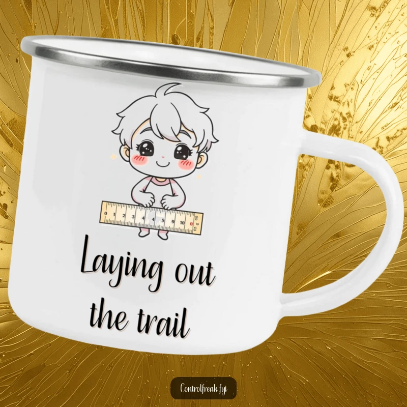 Funny Camping Mug: Character smiling proudly while drawing precise lines with a ruler, a humorous and durable mug for makers.