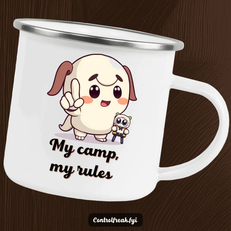 Funny camping mug featuring a dramatic cartoon character pointing, commanding a tiny toy, ideal for outdoor use with a humorous touch.