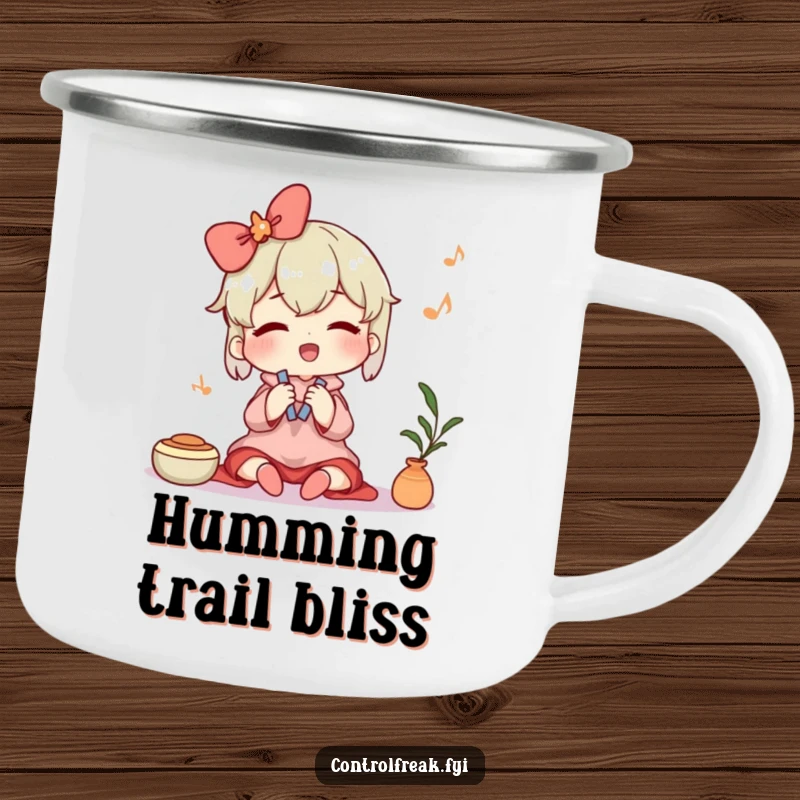 Funny camping mug showing a character humming contentedly while tidying, perfect for outdoor enjoyment and maintaining order with a cheerful spirit. A humorous mug.