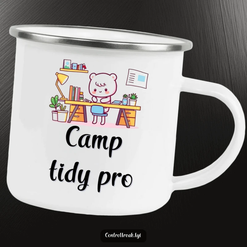 Funny Kawaii character camping mug, tidying a perfect desk, for organized adventurers and coffee lovers.