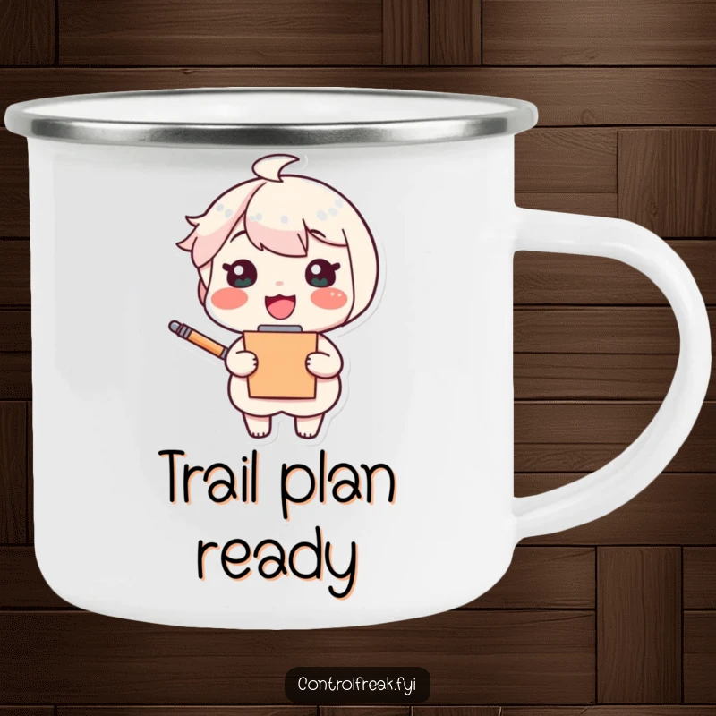 Funny camping mug featuring a cheerful character with a clipboard and pen, looking pleased, perfect for outdoor organization and humor.