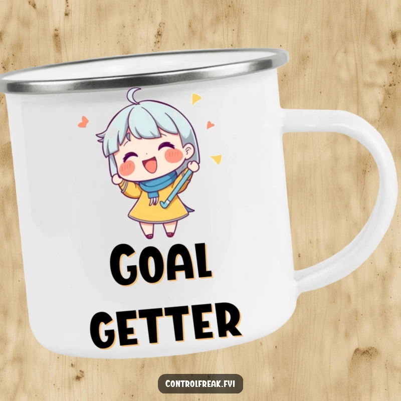 Funny camping mug with a character joyfully checking off a list with a flourish, symbolizing organized outdoor activities.