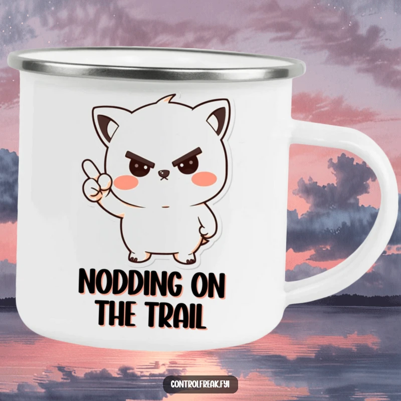 Funny enamel camping mug showing a kawaii character giving a stern but friendly nod, great for outdoor humor.