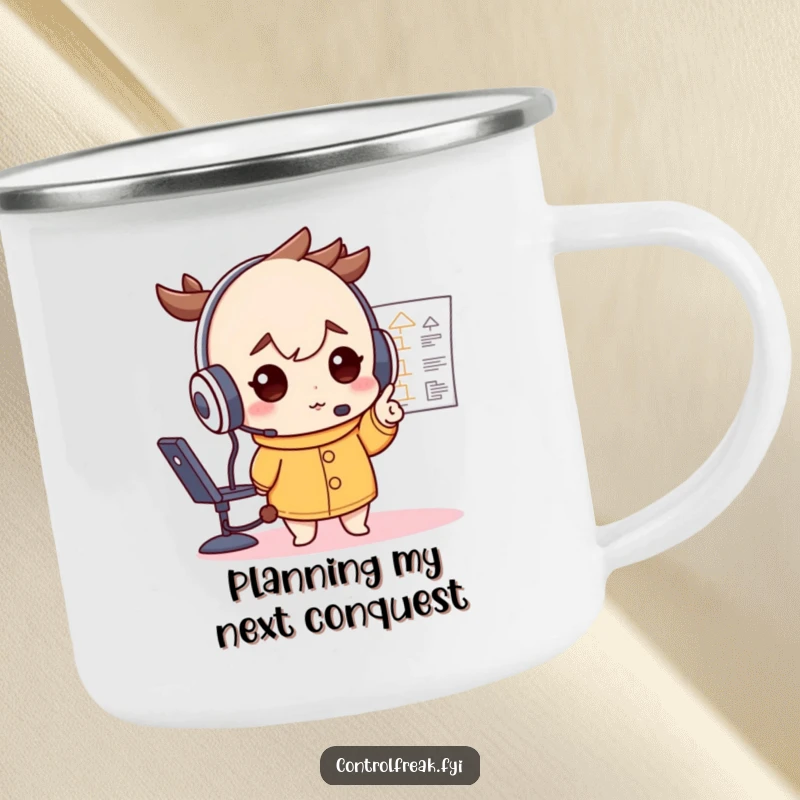 Funny camping mug with a character in an oversized headset, deterministically pointing at a flowchart, designed for organized outdoor enthusiasts.