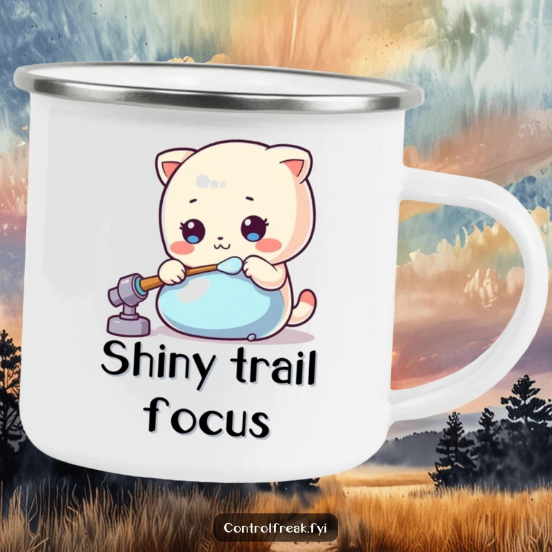 Funny Kawaii polisher camping mug durable and fun, meticulously polishing a shiny object for adventures.